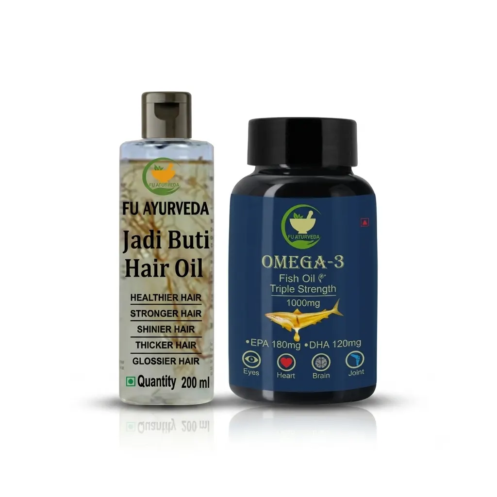 Fij Ayurveda Omega 3 Softgel Jadi Buti Hair Oil 200ml Combo Pack