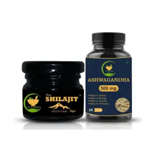 FIJ AYURVEDA Pure Shilajit/Shilajeet Resin 20Gm with Ashwagandha Capsule 60 Capsules (Combo Pack)